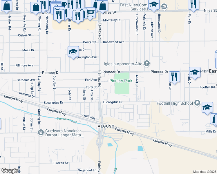 map of restaurants, bars, coffee shops, grocery stores, and more near 542 Sloan Lane in Bakersfield