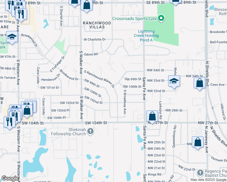 map of restaurants, bars, coffee shops, grocery stores, and more near 10109 South Ranchwood Manor Drive in Oklahoma City