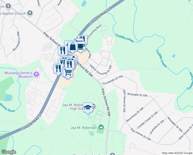 map of restaurants, bars, coffee shops, grocery stores, and more near 3718 Aldeburgh Road Southwest in Concord