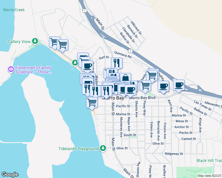 map of restaurants, bars, coffee shops, grocery stores, and more near 291 Harbor Street in Morro Bay
