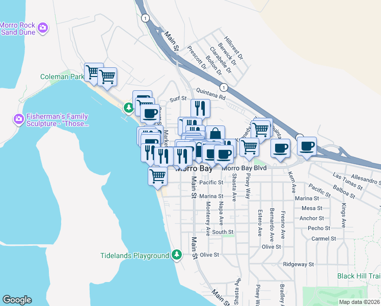 map of restaurants, bars, coffee shops, grocery stores, and more near 291 Harbor Street in Morro Bay