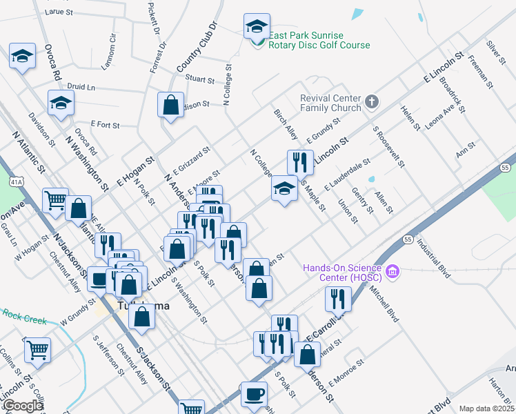 map of restaurants, bars, coffee shops, grocery stores, and more near 700 East Lincoln Street in Tullahoma