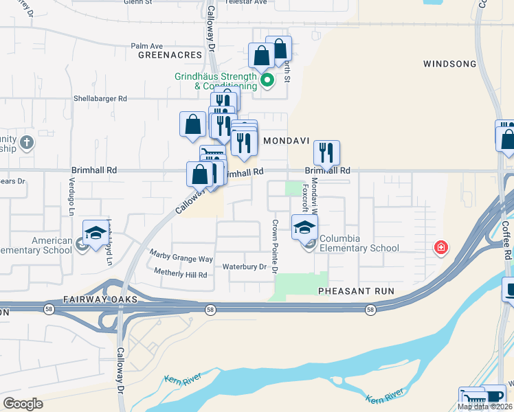map of restaurants, bars, coffee shops, grocery stores, and more near 904 Woodmont Drive in Bakersfield