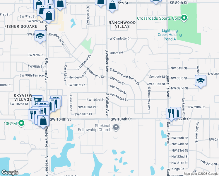 map of restaurants, bars, coffee shops, grocery stores, and more near 452 Southwest 100th Street in Oklahoma City