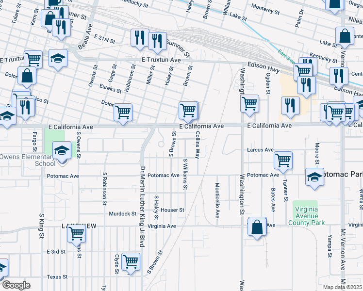 map of restaurants, bars, coffee shops, grocery stores, and more near 1026 South Williams Street in Bakersfield
