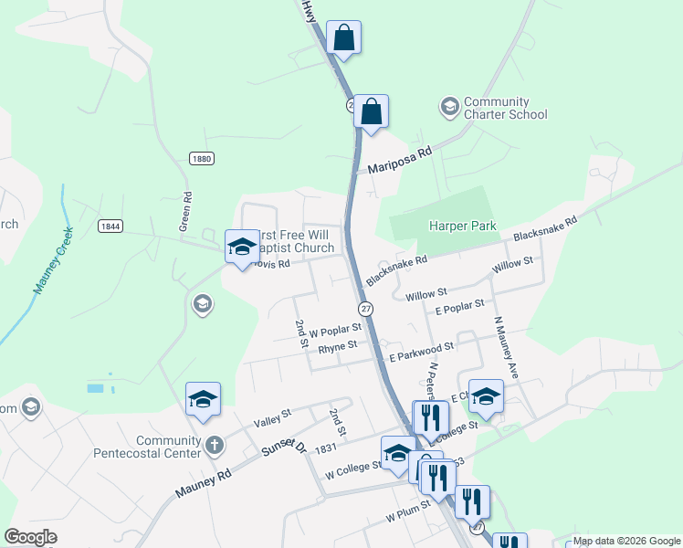 map of restaurants, bars, coffee shops, grocery stores, and more near 105 Glenn Street in Stanley