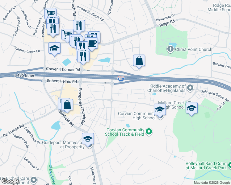 map of restaurants, bars, coffee shops, grocery stores, and more near 3030 Barrow Road in Charlotte