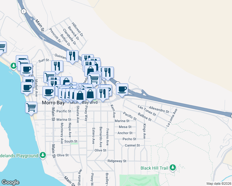 map of restaurants, bars, coffee shops, grocery stores, and more near 861 Quintana Road in Morro Bay