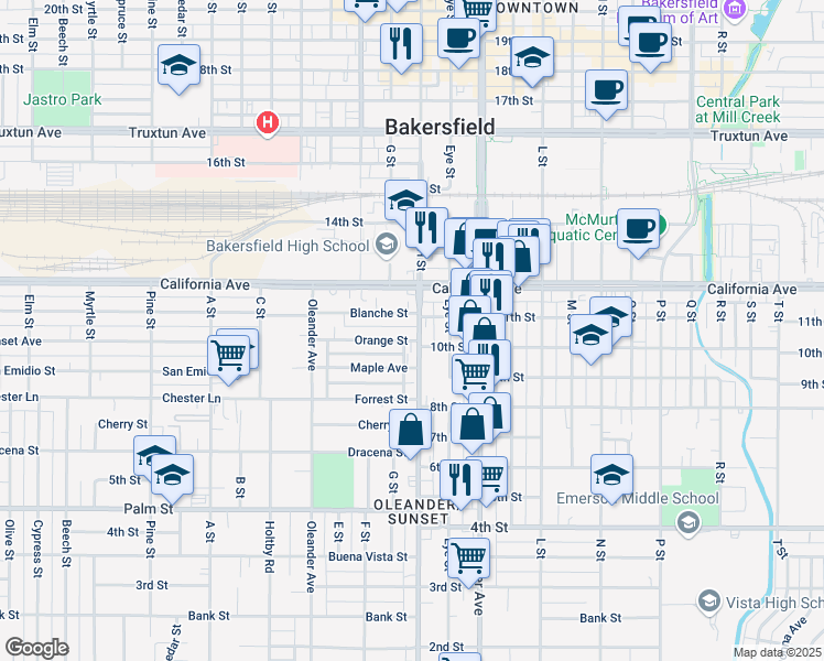 map of restaurants, bars, coffee shops, grocery stores, and more near 1027 H Street in Bakersfield