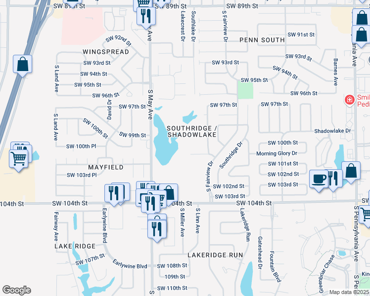 map of restaurants, bars, coffee shops, grocery stores, and more near 9900 South May Avenue in Oklahoma City