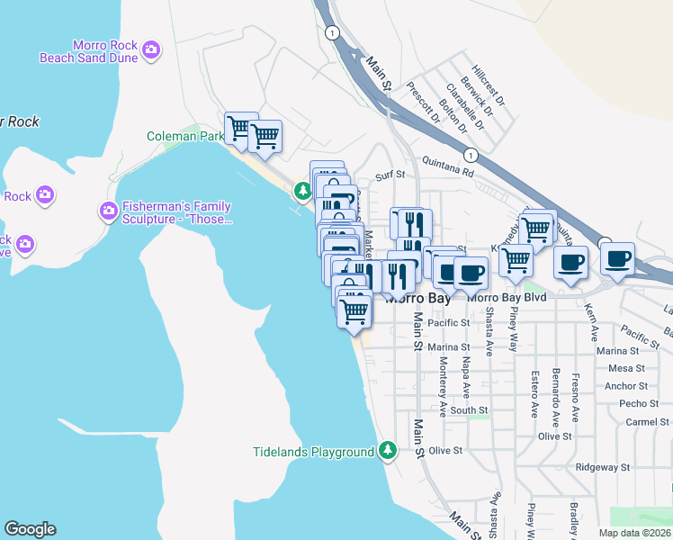 map of restaurants, bars, coffee shops, grocery stores, and more near 908 Embarcadero in Morro Bay