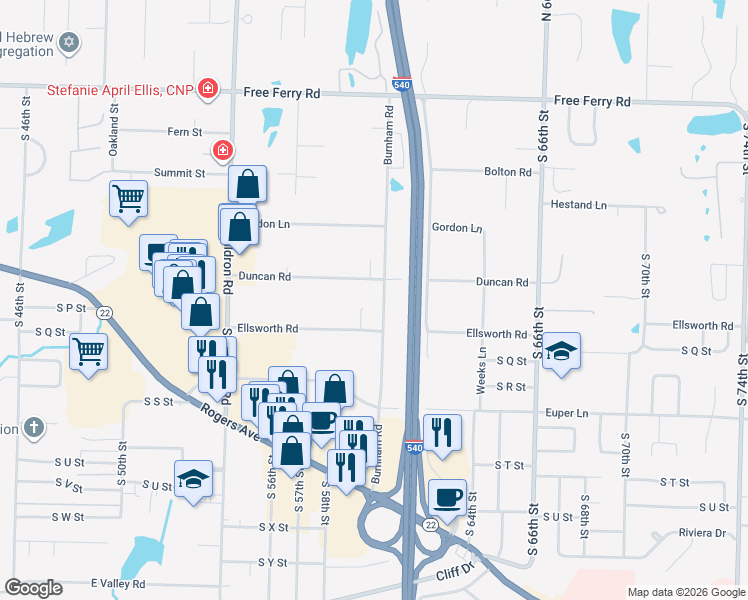 map of restaurants, bars, coffee shops, grocery stores, and more near 1606 Burnham Road in Fort Smith