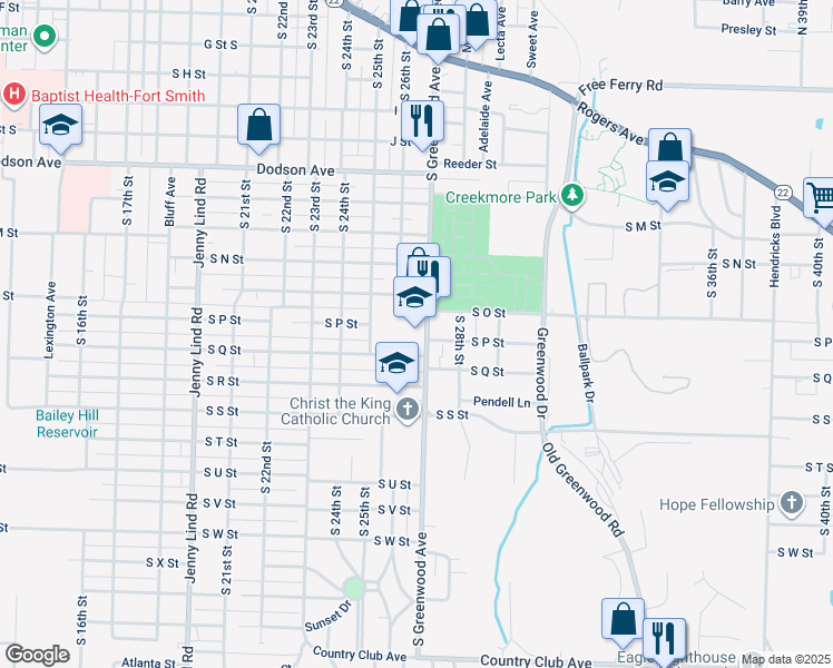 map of restaurants, bars, coffee shops, grocery stores, and more near 2601 South Q Street in Fort Smith