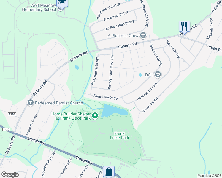 map of restaurants, bars, coffee shops, grocery stores, and more near 3327 Runneymede Street Southwest in Concord
