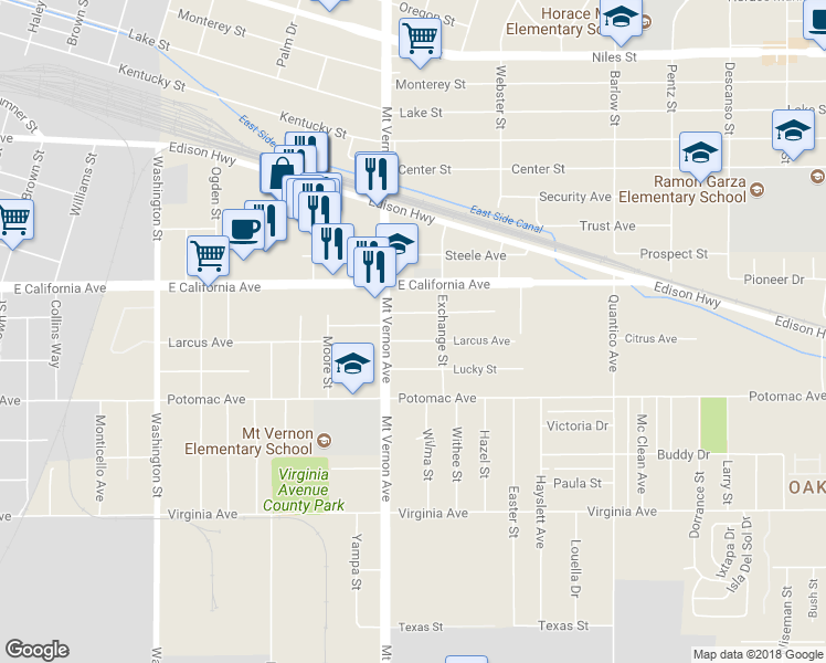 map of restaurants, bars, coffee shops, grocery stores, and more near 2212 Larcus Avenue in Bakersfield