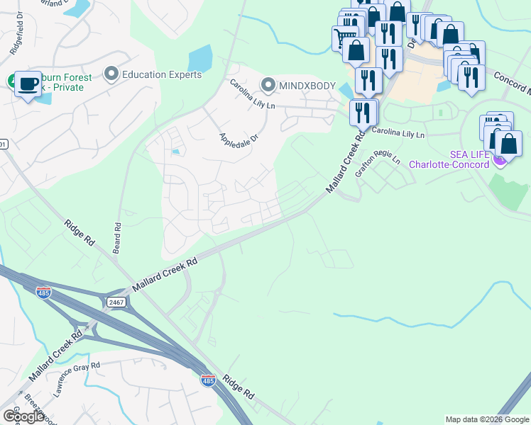 map of restaurants, bars, coffee shops, grocery stores, and more near 2625 Mallard Creek Road in Charlotte