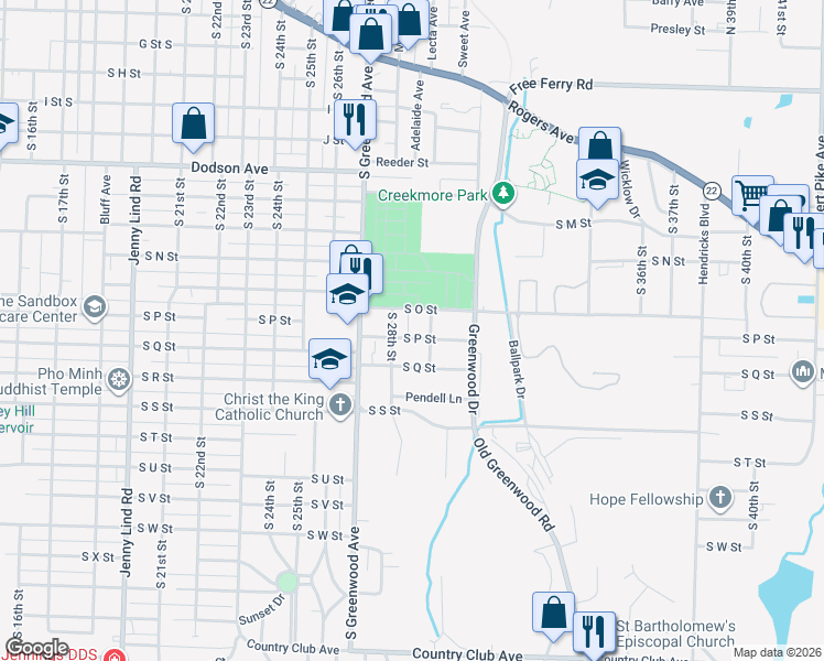 map of restaurants, bars, coffee shops, grocery stores, and more near 1621 South 28th Street in Fort Smith