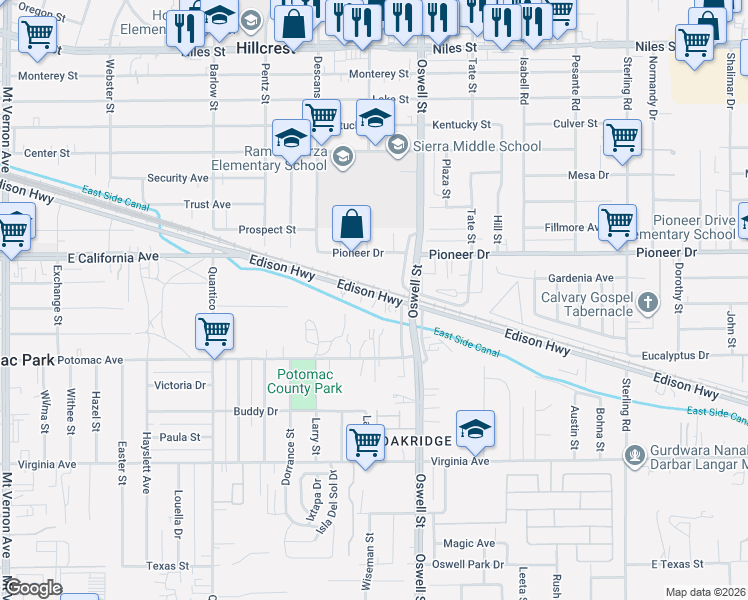 map of restaurants, bars, coffee shops, grocery stores, and more near 2949 Edison Highway in Bakersfield
