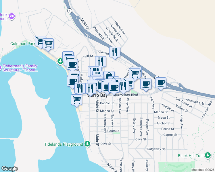 map of restaurants, bars, coffee shops, grocery stores, and more near 904 Monterey Avenue in Morro Bay
