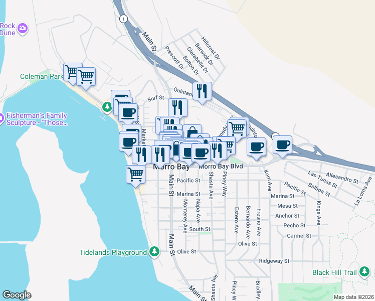 map of restaurants, bars, coffee shops, grocery stores, and more near 904 Monterey Avenue in Morro Bay