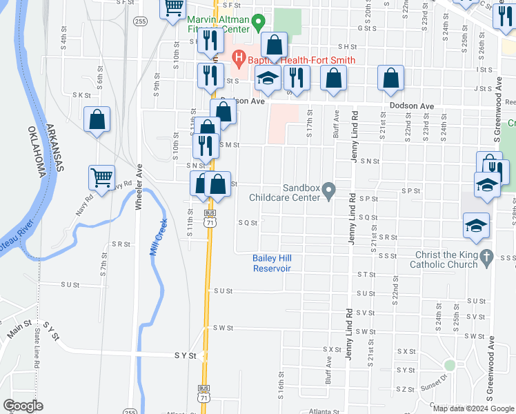 map of restaurants, bars, coffee shops, grocery stores, and more near 1706 Lexington Avenue in Fort Smith