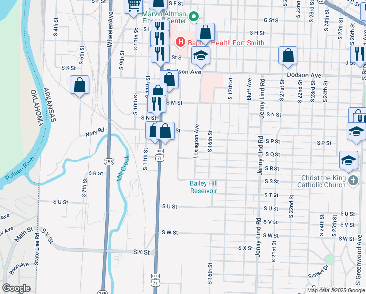 map of restaurants, bars, coffee shops, grocery stores, and more near 1717 South 12th Street in Fort Smith