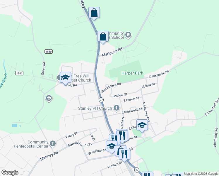 map of restaurants, bars, coffee shops, grocery stores, and more near 112 Blacksnake Road in Stanley