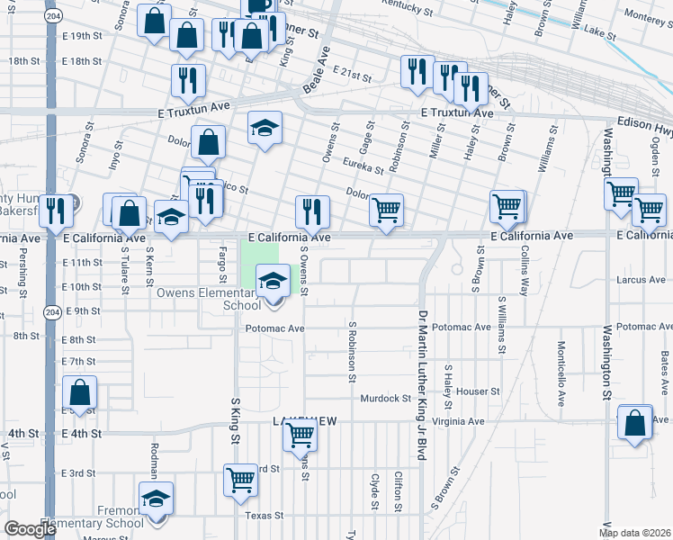 map of restaurants, bars, coffee shops, grocery stores, and more near 1004 South Robinson Street in Bakersfield