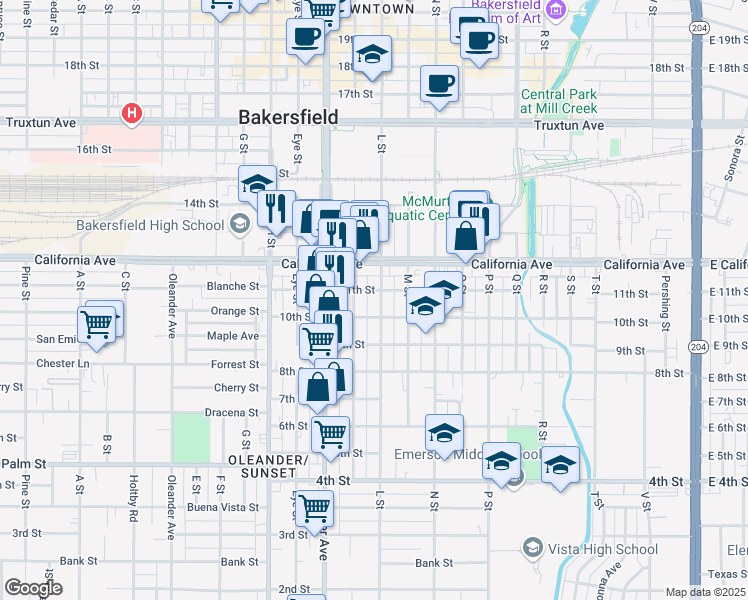 map of restaurants, bars, coffee shops, grocery stores, and more near 1016 K Street in Bakersfield