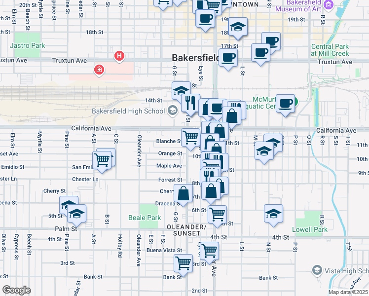 map of restaurants, bars, coffee shops, grocery stores, and more near 1720 Orange Street in Bakersfield