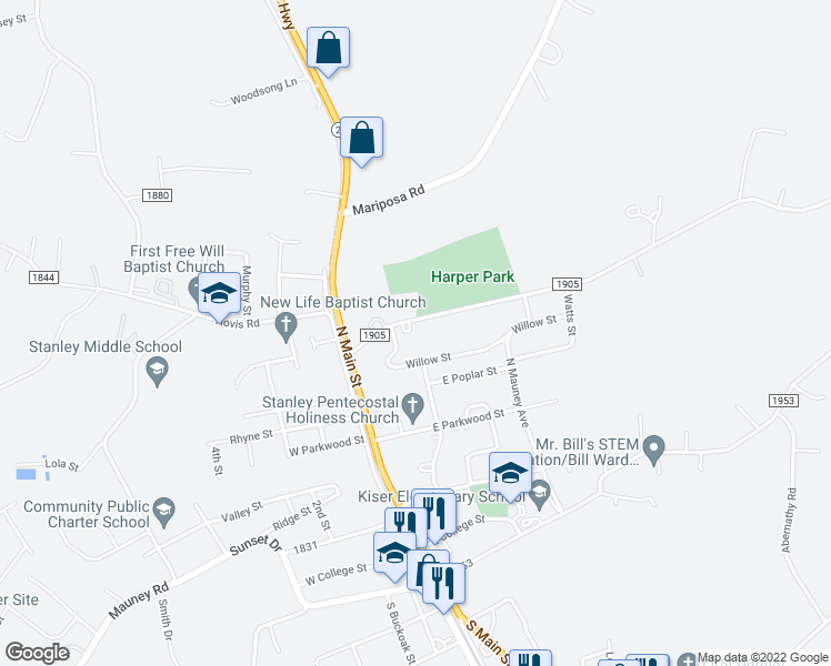 map of restaurants, bars, coffee shops, grocery stores, and more near 210 Blacksnake Road in Stanley