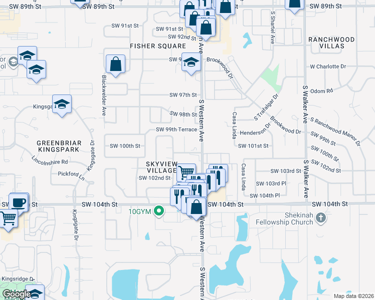 map of restaurants, bars, coffee shops, grocery stores, and more near 10024 South Clegern Street in Oklahoma City