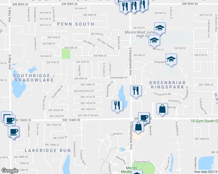 map of restaurants, bars, coffee shops, grocery stores, and more near 10104 Shadowridge Drive in Oklahoma City