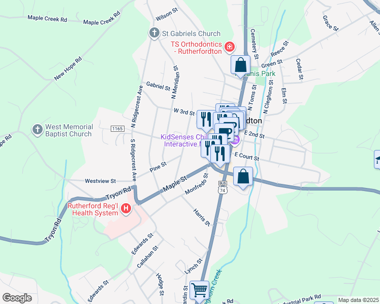 map of restaurants, bars, coffee shops, grocery stores, and more near 197 West Court Street in Rutherfordton