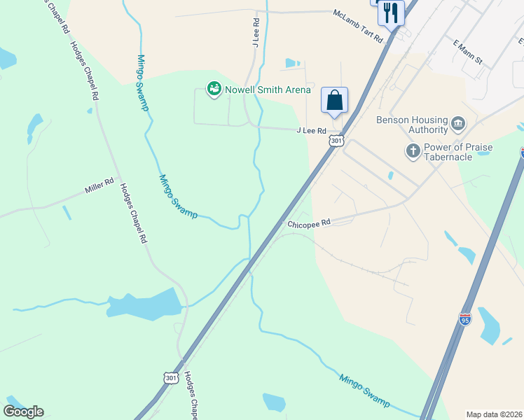 map of restaurants, bars, coffee shops, grocery stores, and more near 1002 U.S. 301 in Benson