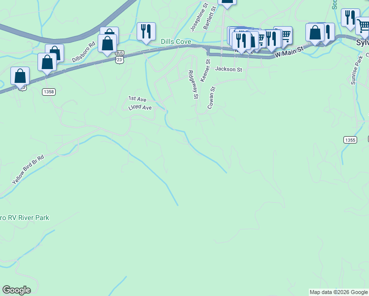 map of restaurants, bars, coffee shops, grocery stores, and more near 218 Laurel Branch Road in Sylva