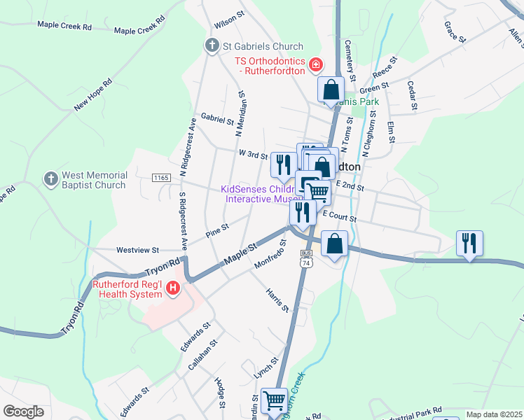 map of restaurants, bars, coffee shops, grocery stores, and more near 197 West Court Street in Rutherfordton