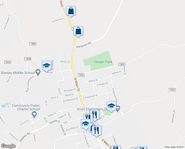 map of restaurants, bars, coffee shops, grocery stores, and more near 210 Blacksnake Road in Stanley