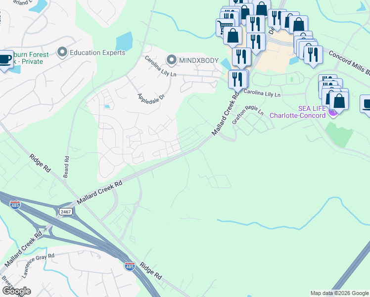 map of restaurants, bars, coffee shops, grocery stores, and more near 2749-2783 Mallard Creek Road in Charlotte