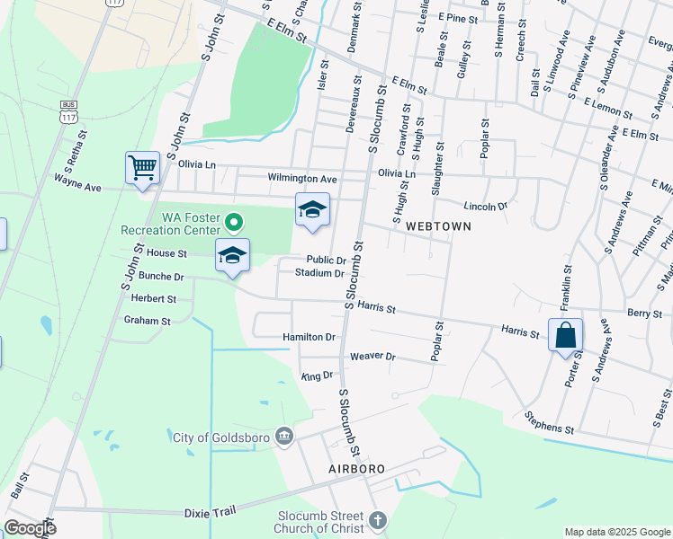 map of restaurants, bars, coffee shops, grocery stores, and more near 521 Stadium Drive in Goldsboro