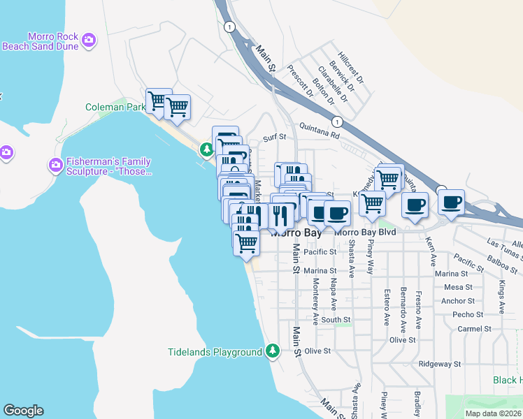 map of restaurants, bars, coffee shops, grocery stores, and more near 225 Harbor Street in Morro Bay