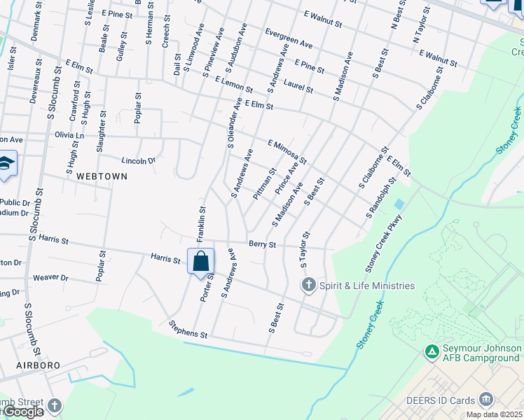 map of restaurants, bars, coffee shops, grocery stores, and more near 905 Prince Avenue in Goldsboro