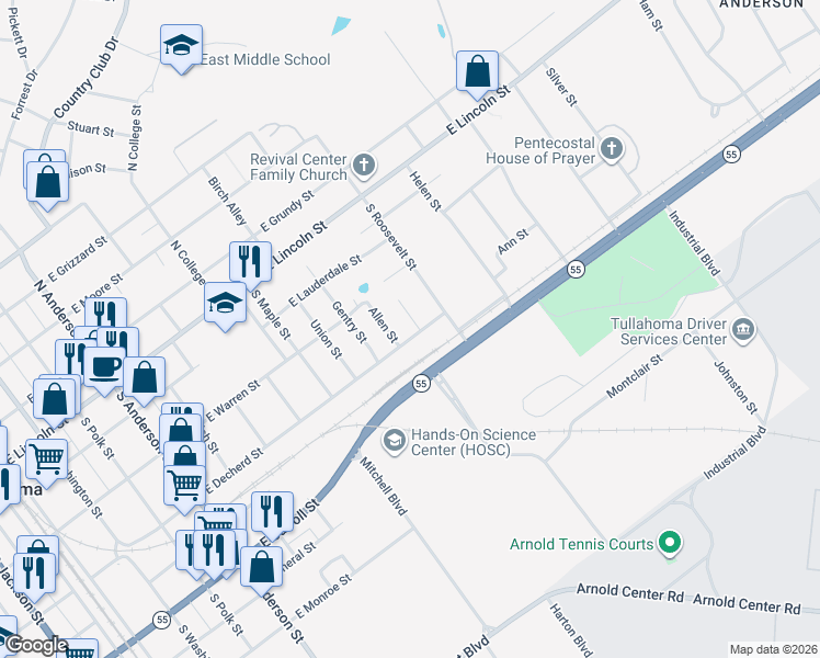 map of restaurants, bars, coffee shops, grocery stores, and more near 1115 East Decherd Street in Tullahoma