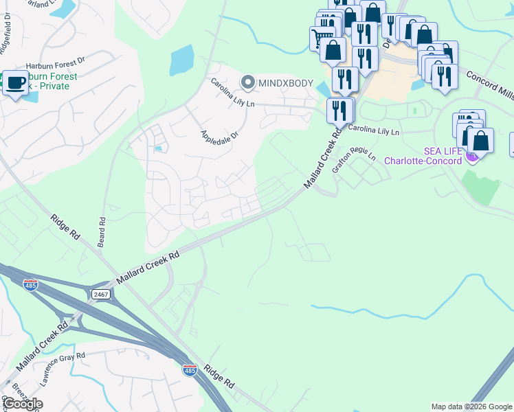 map of restaurants, bars, coffee shops, grocery stores, and more near 2625 Mallard Creek Road in Charlotte