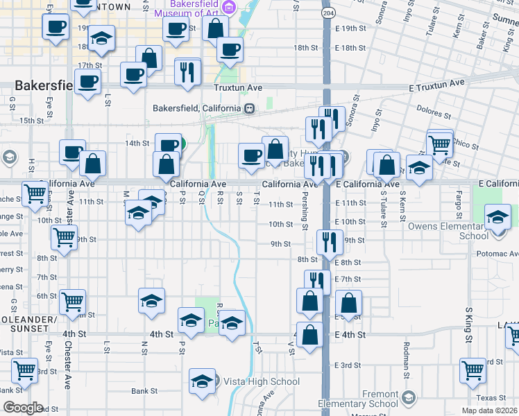 map of restaurants, bars, coffee shops, grocery stores, and more near 431 11th Street in Bakersfield