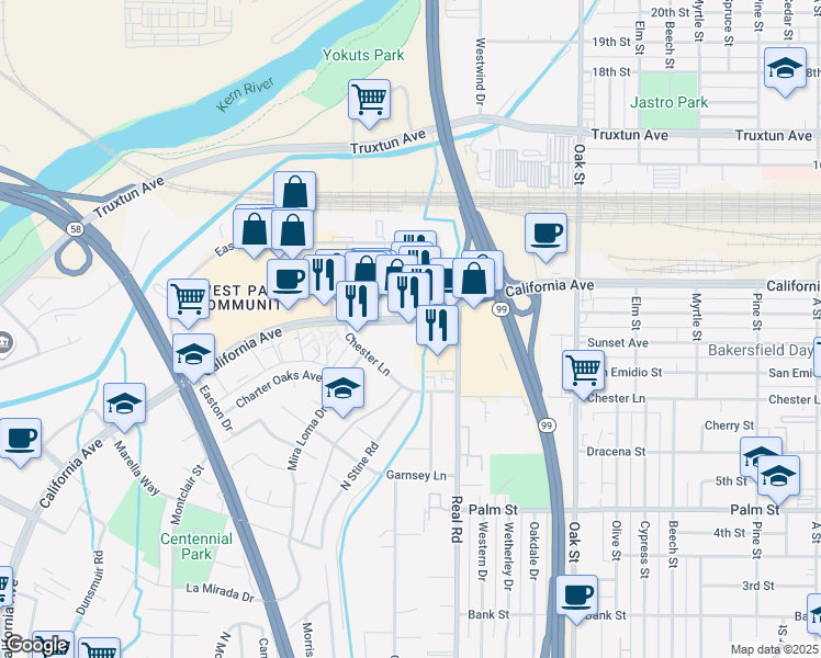 map of restaurants, bars, coffee shops, grocery stores, and more near 3797 California Avenue in Bakersfield