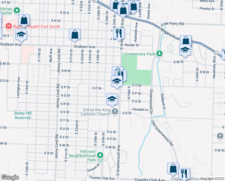 map of restaurants, bars, coffee shops, grocery stores, and more near 2601 South Q Street in Fort Smith