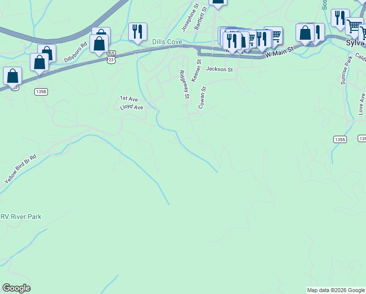map of restaurants, bars, coffee shops, grocery stores, and more near 9 Laurel Branch Road in Sylva