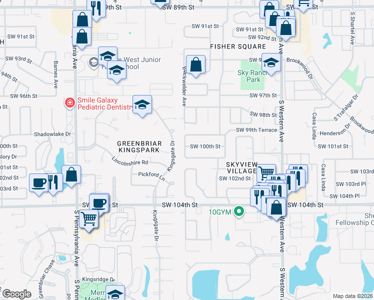 map of restaurants, bars, coffee shops, grocery stores, and more near 1213 Southwest 100th Terrace in Oklahoma City