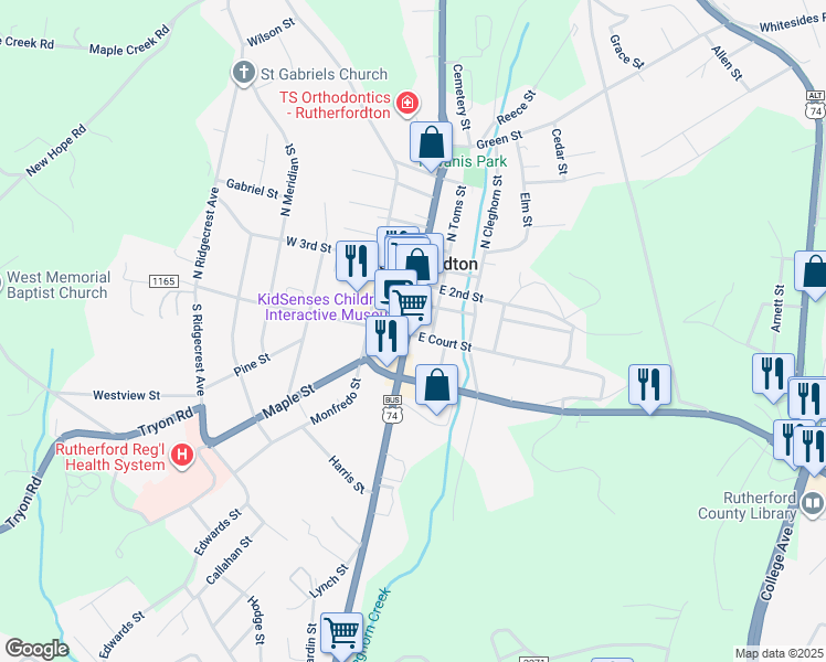 map of restaurants, bars, coffee shops, grocery stores, and more near 160 North Main Street in Rutherfordton